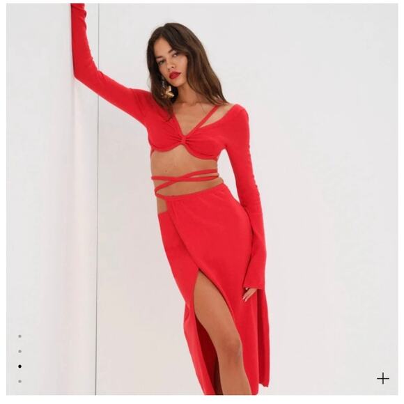 For Love & Lemons Edith Red Cropped Strappy Tie Back Sweater Skirt Set XXS - Picture 2 of 16